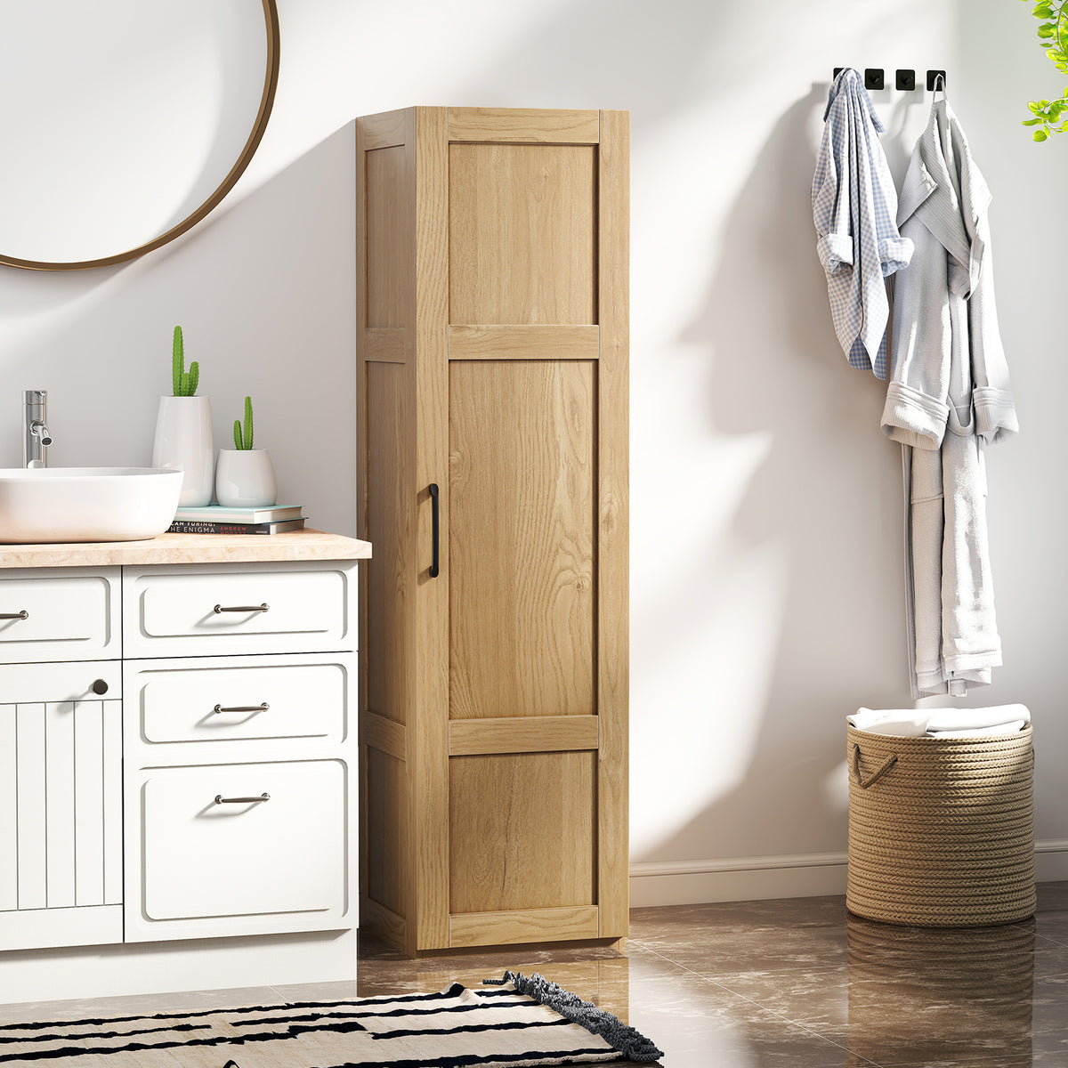Tall Storage Cabinet - 60" Farmhouse Pantry with 4 Shelves Natural-Floor Cabinets-DECOROLALA