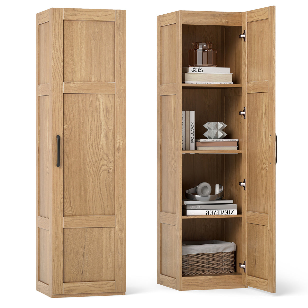 Tall Storage Cabinet - 60" Farmhouse Pantry with 4 Shelves Natural-Floor Cabinets-DECOROLALA