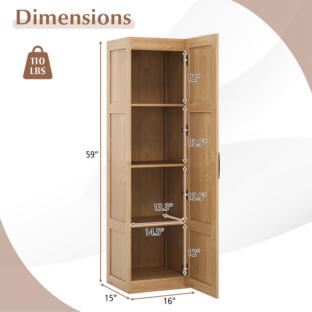 Tall Storage Cabinet - 60" Farmhouse Pantry with 4 Shelves Natural-Floor Cabinets-DECOROLALA