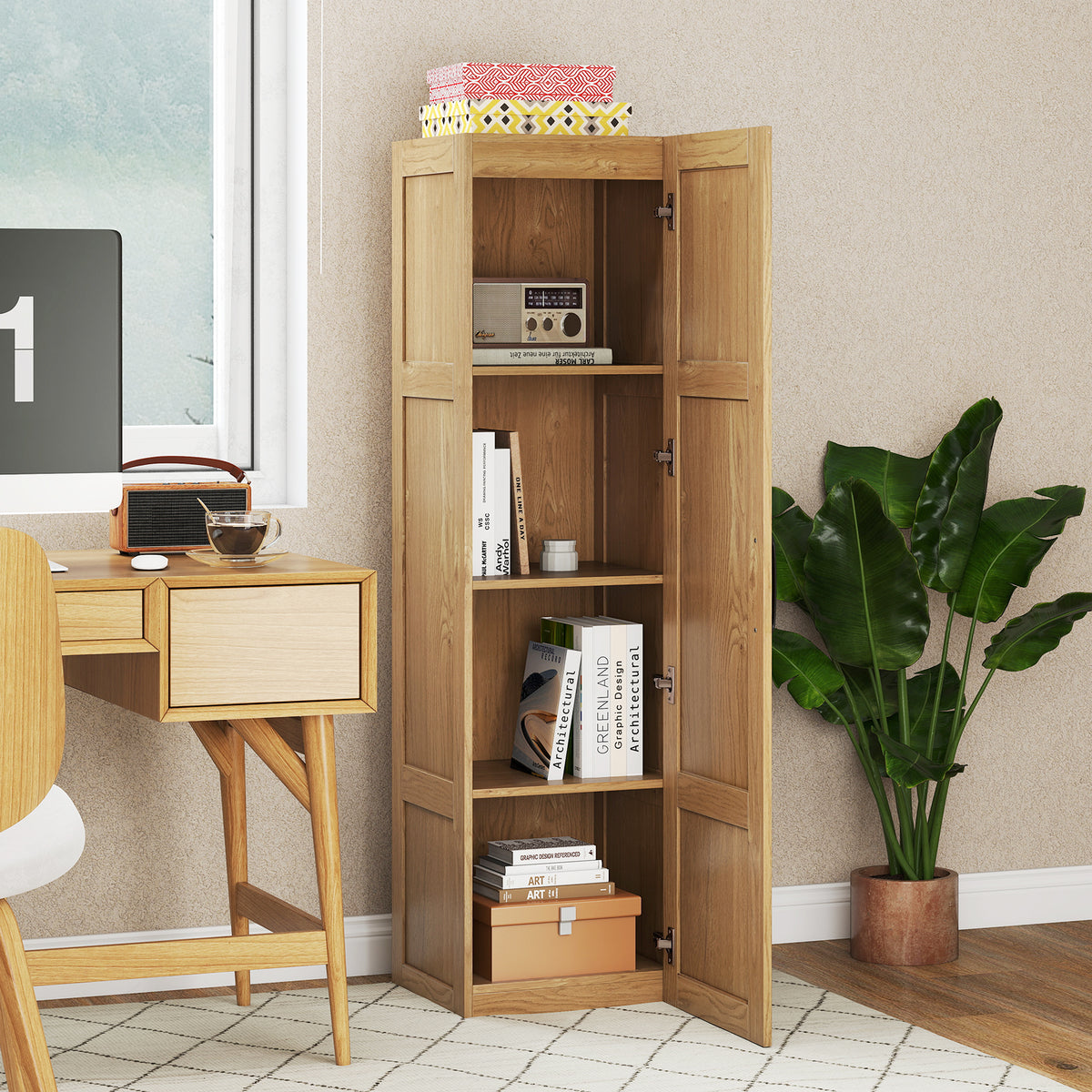 Tall Storage Cabinet - 60" Farmhouse Pantry with 4 Shelves Natural-Floor Cabinets-DECOROLALA
