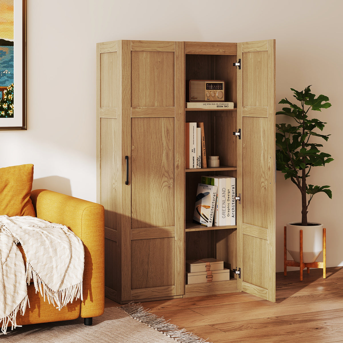 Tall Storage Cabinet - 60" Farmhouse Pantry with 4 Shelves Natural-Floor Cabinets-DECOROLALA