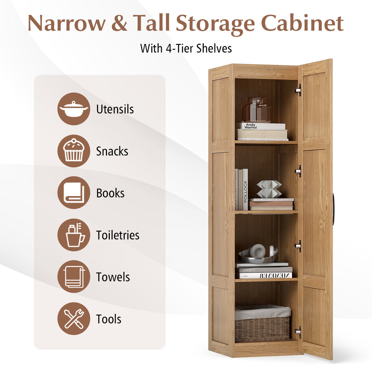 Tall Storage Cabinet - 60" Farmhouse Pantry with 4 Shelves Natural-Floor Cabinets-DECOROLALA