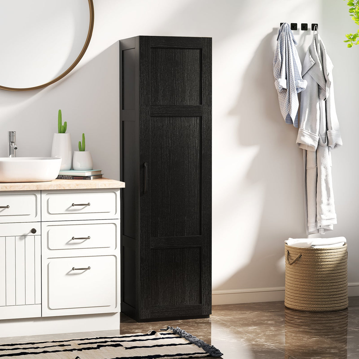 Tall Storage Cabinet - 60" Slim Farmhouse Pantry - Black-Floor Cabinets-DECOROLALA