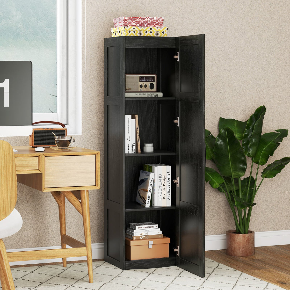Tall Storage Cabinet - 60" Slim Farmhouse Pantry - Black-Floor Cabinets-DECOROLALA