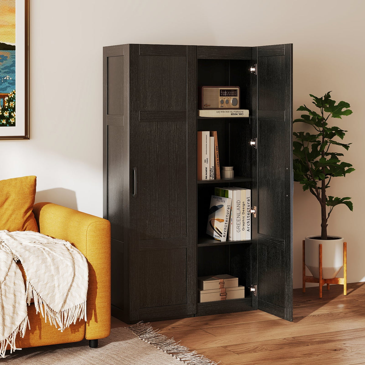 Tall Storage Cabinet - 60" Slim Farmhouse Pantry - Black-Floor Cabinets-DECOROLALA