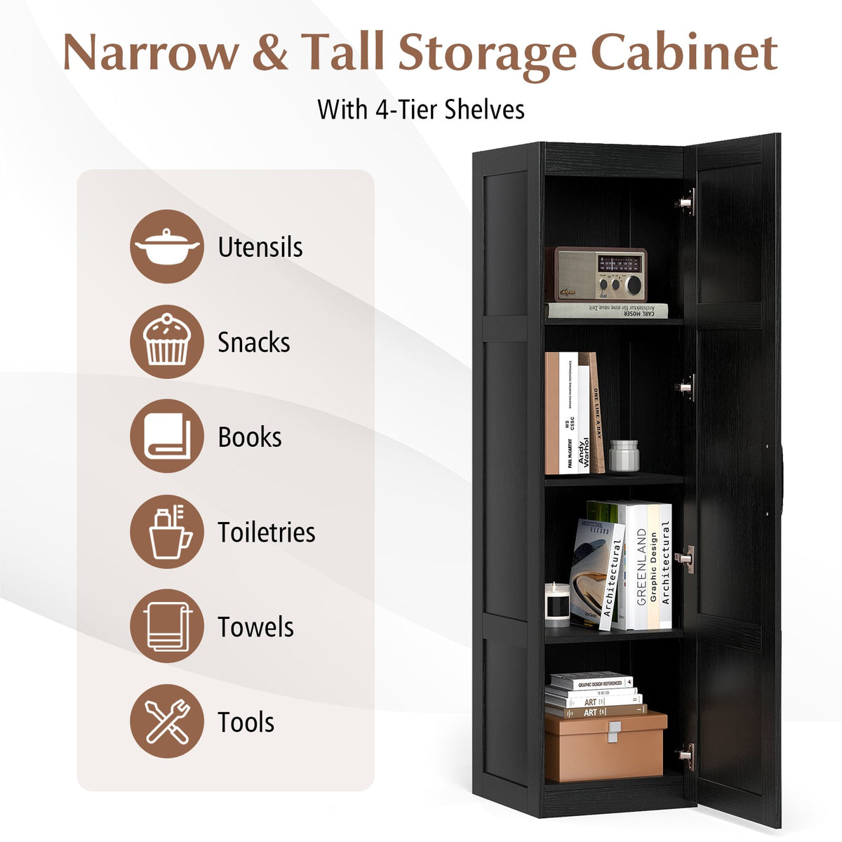 Tall Storage Cabinet - 60" Slim Farmhouse Pantry - Black-Floor Cabinets-DECOROLALA