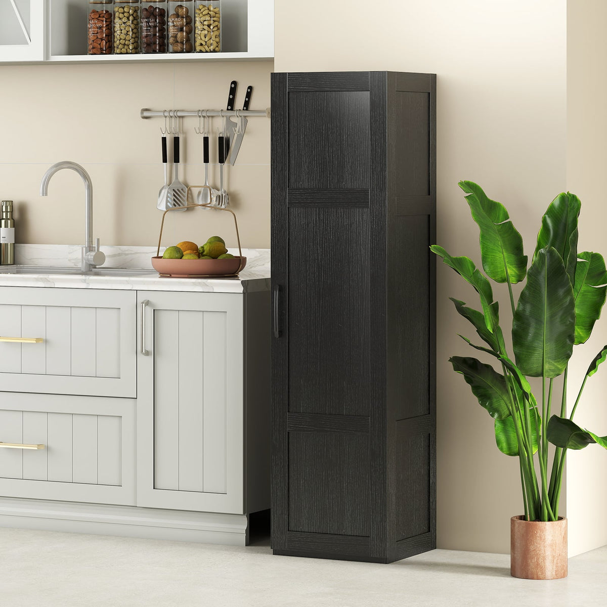 Tall Storage Cabinet - 60" Slim Farmhouse Pantry - Black-Floor Cabinets-DECOROLALA
