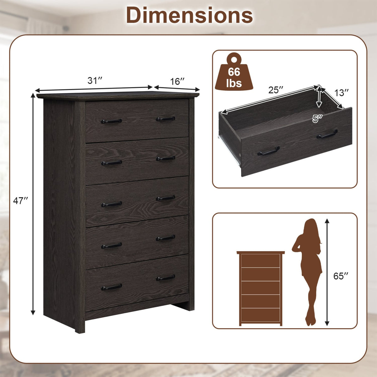 Tall Storage Dresser 5 Drawers Gray (min order qty 2)-Dressers & Chests-DECOROLALA
