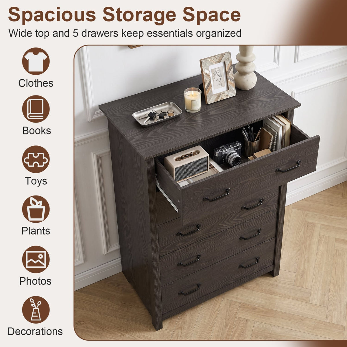 Tall Storage Dresser 5 Drawers Gray (min order qty 2)-Dressers & Chests-DECOROLALA