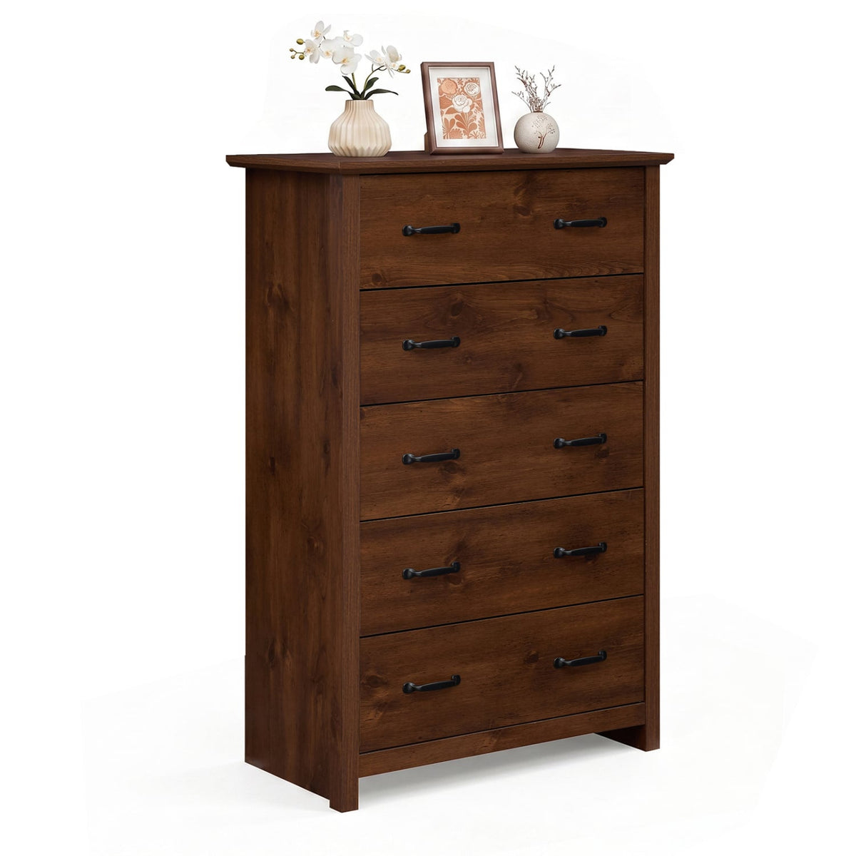 Tall Storage Dresser 5 Drawers Walnut (min order qty 2)-Dressers & Chests-DECOROLALA
