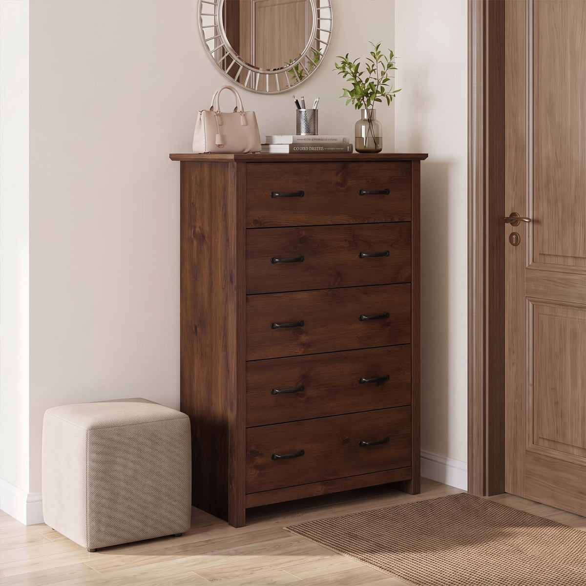 Tall Storage Dresser 5 Drawers Walnut (min order qty 2)-Dressers & Chests-DECOROLALA