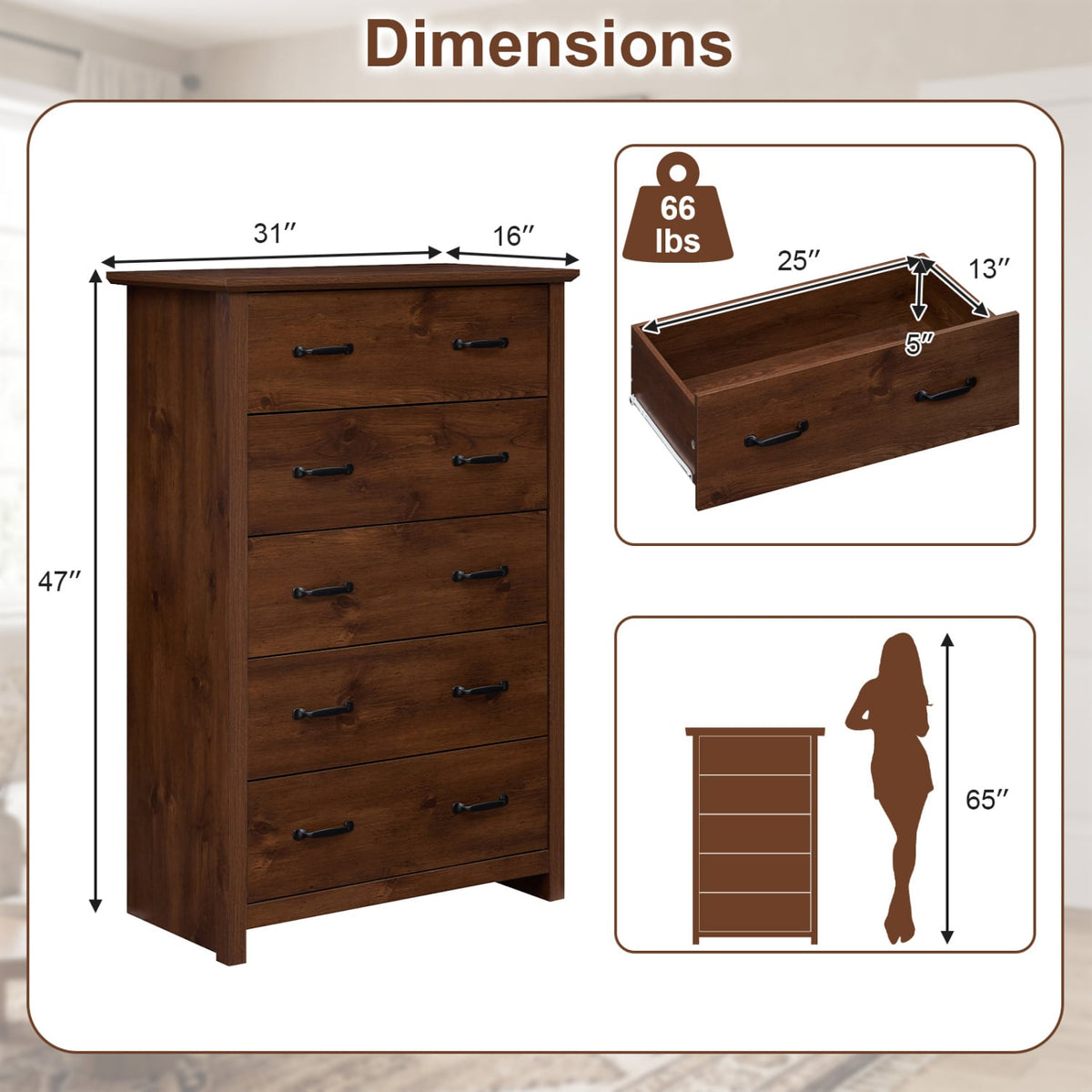 Tall Storage Dresser 5 Drawers Walnut (min order qty 2)-Dressers & Chests-DECOROLALA