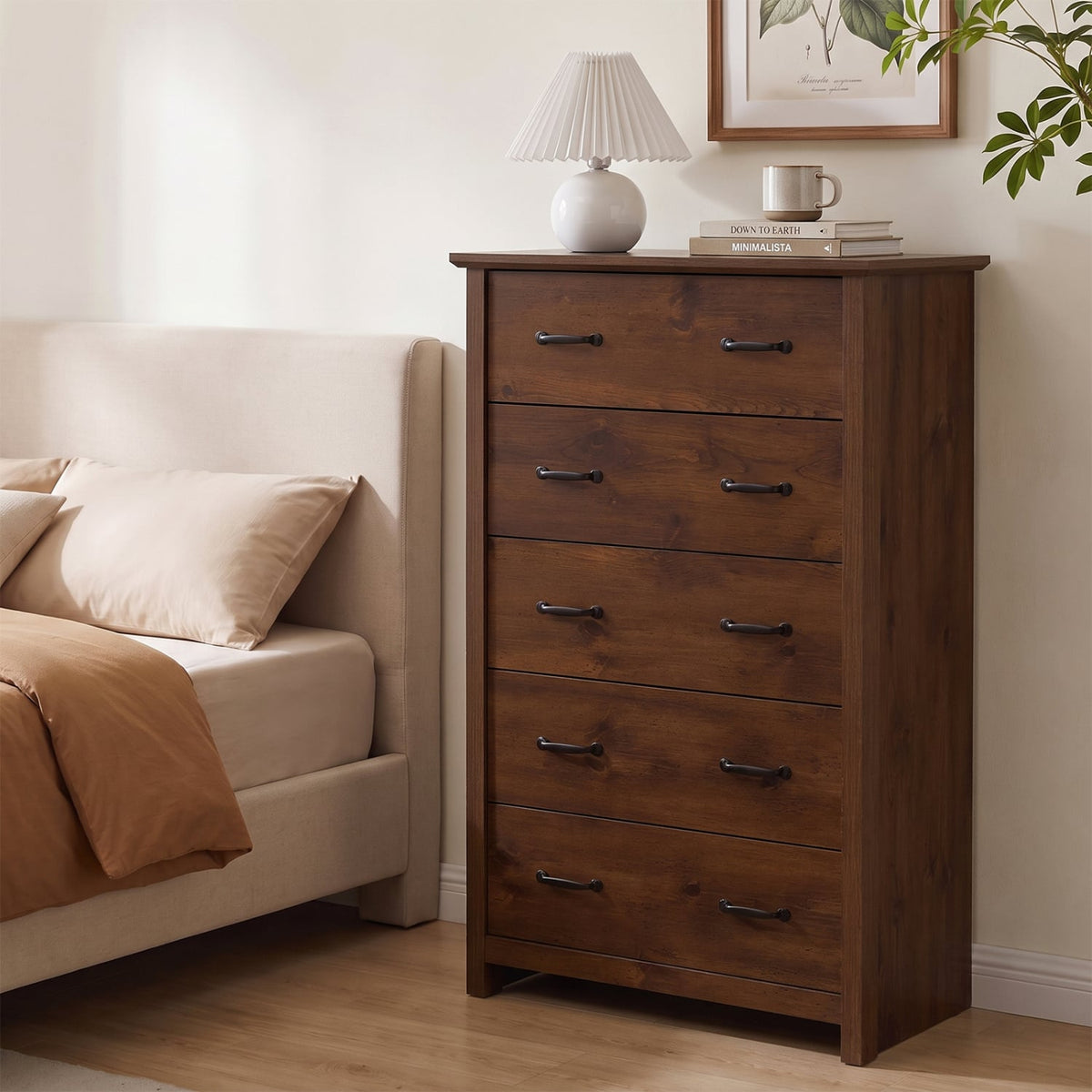 Tall Storage Dresser 5 Drawers Walnut (min order qty 2)-Dressers & Chests-DECOROLALA