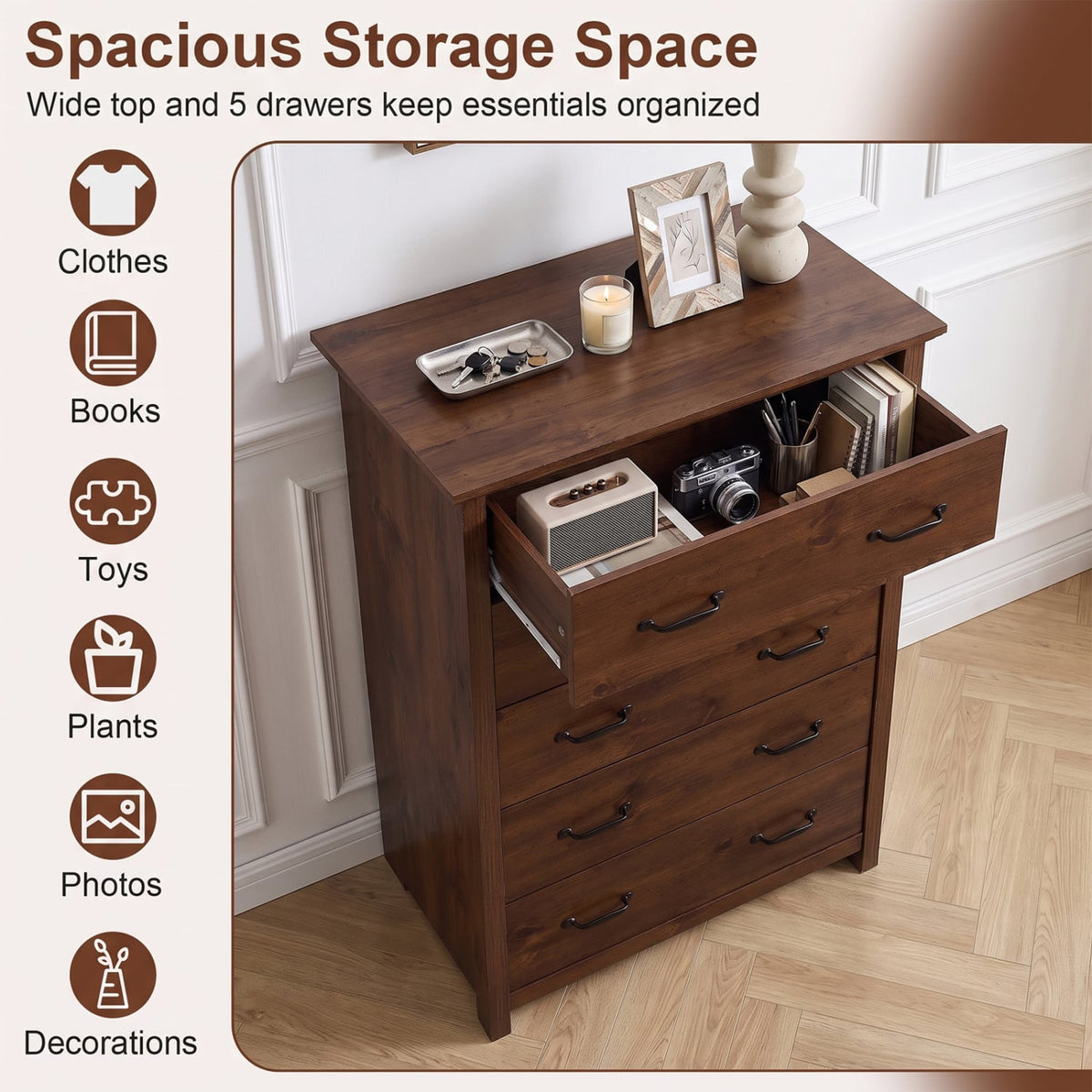 Tall Storage Dresser 5 Drawers Walnut (min order qty 2)-Dressers & Chests-DECOROLALA