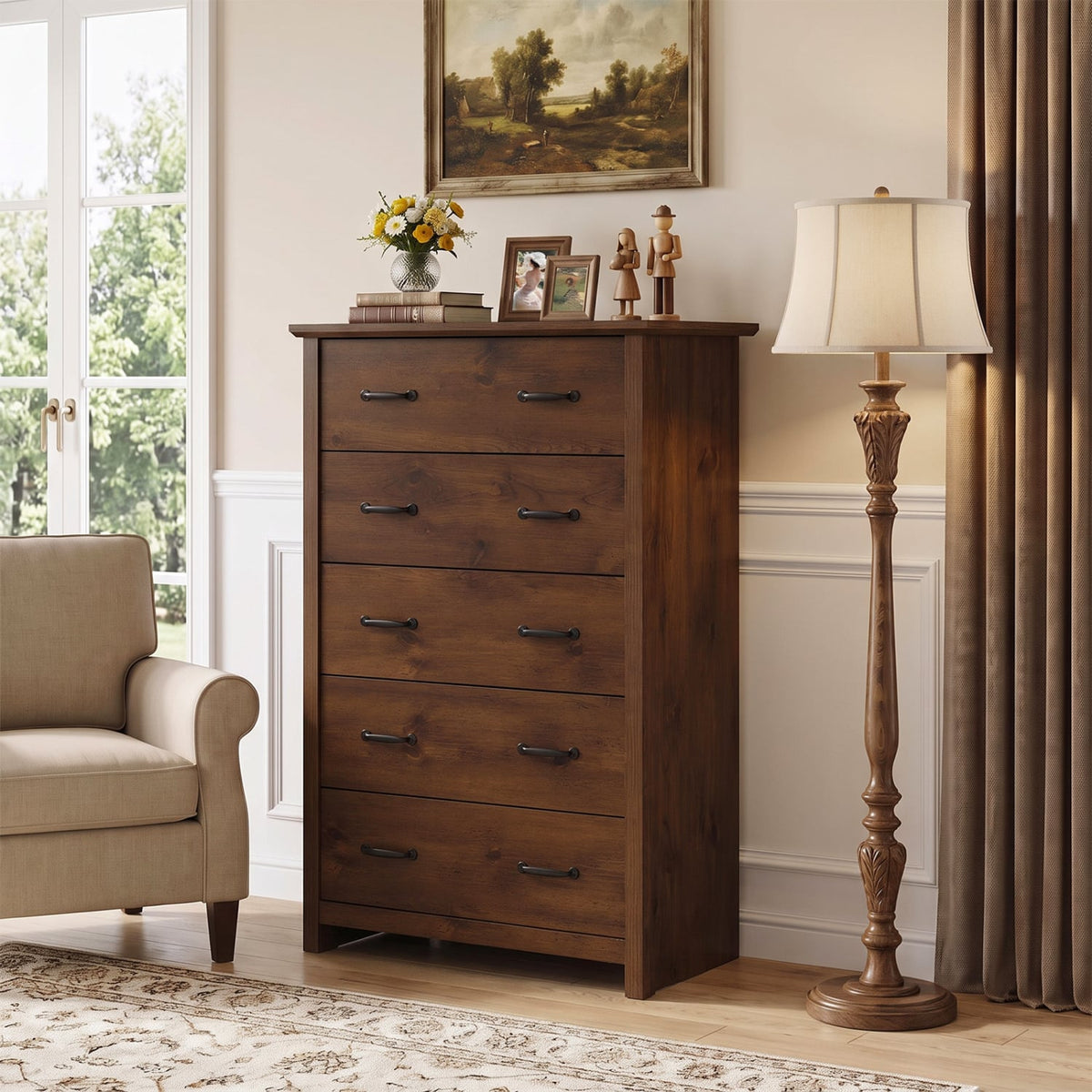 Tall Storage Dresser 5 Drawers Walnut (min order qty 2)-Dressers & Chests-DECOROLALA