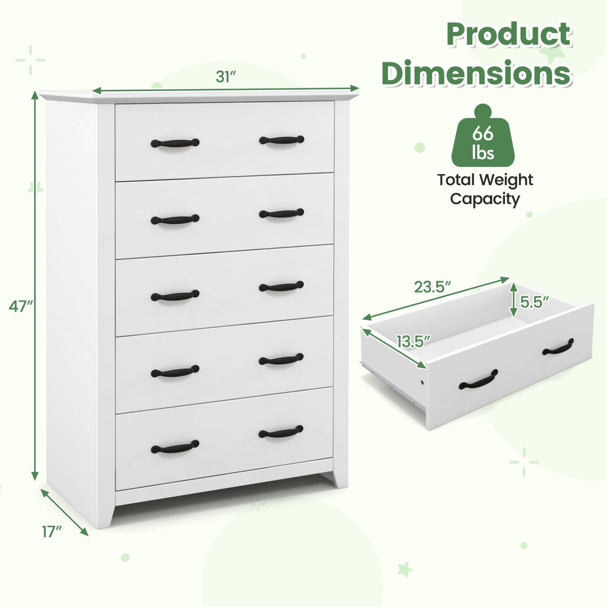 Tall Storage Dresser 5 Drawers White (min order qty 2)-Dressers & Chests-DECOROLALA