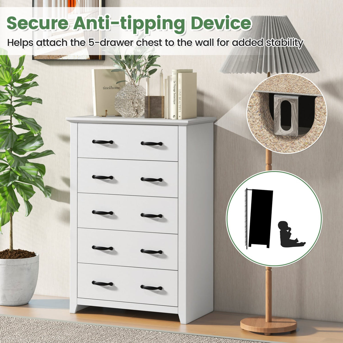 Tall Storage Dresser 5 Drawers White (min order qty 2)-Dressers & Chests-DECOROLALA