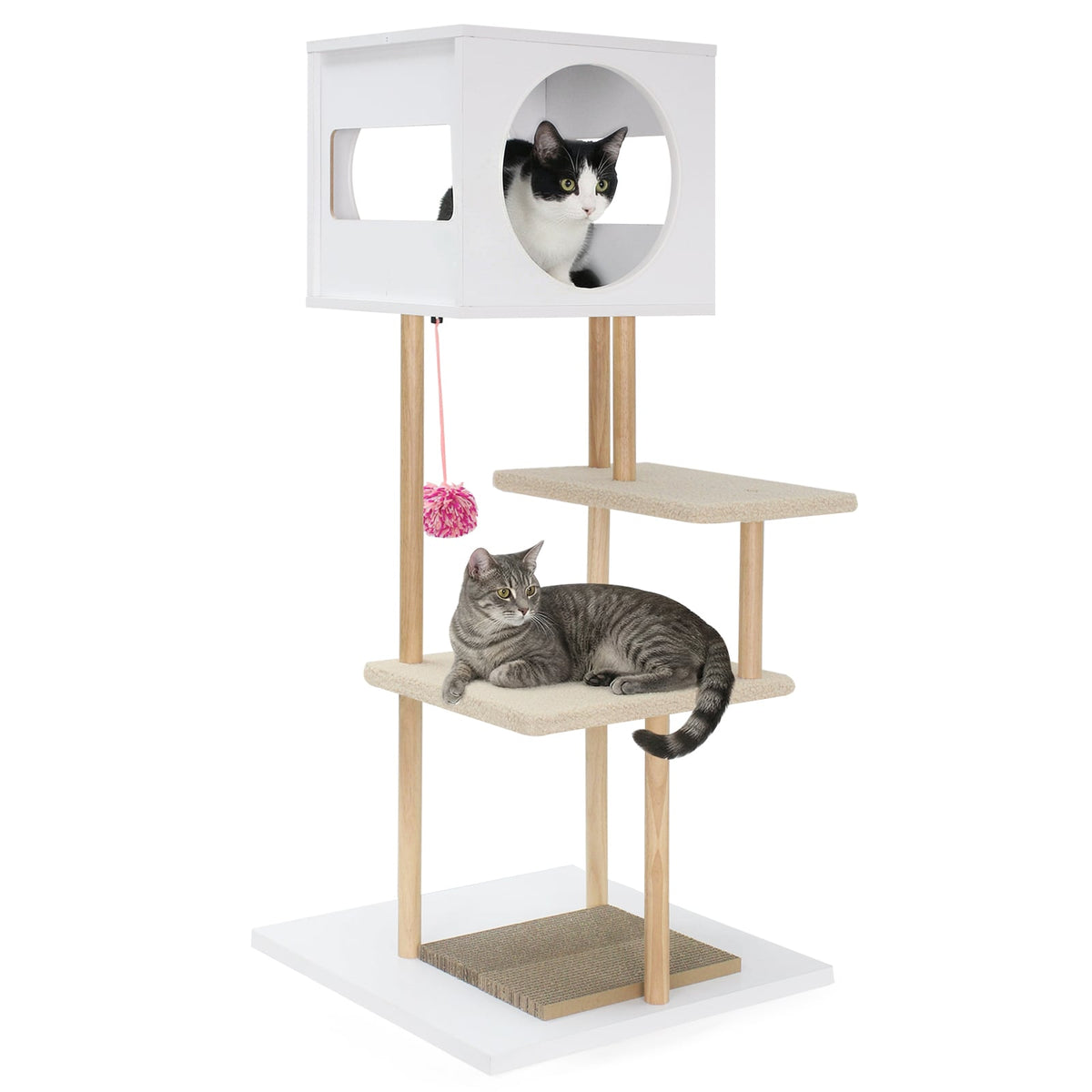 Tall Wood Cat Tower with 2 Corrugated Cardboard-White-Cat Trees & Scratchers-DECOROLALA