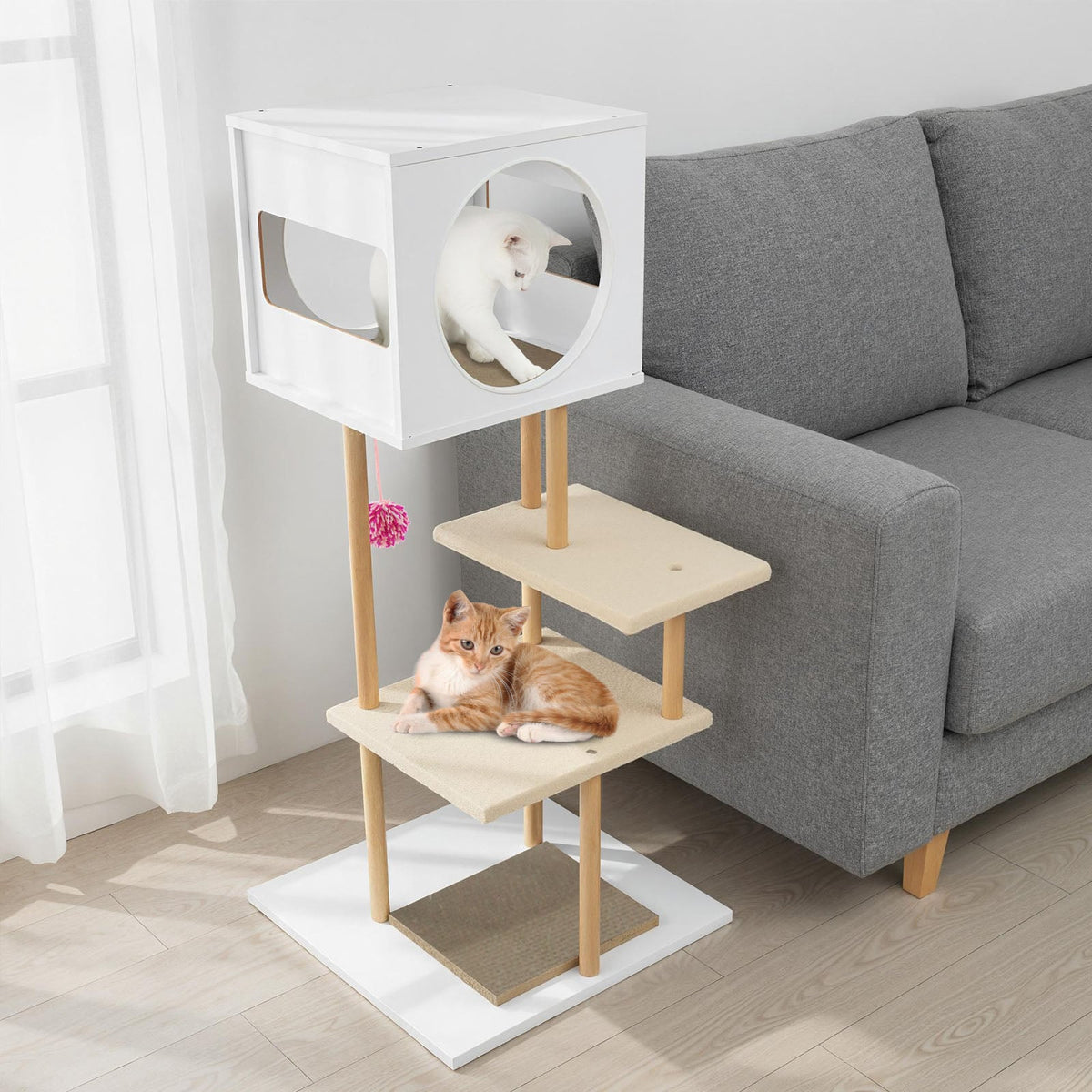 Tall Wood Cat Tower with 2 Corrugated Cardboard-White-Cat Trees & Scratchers-DECOROLALA