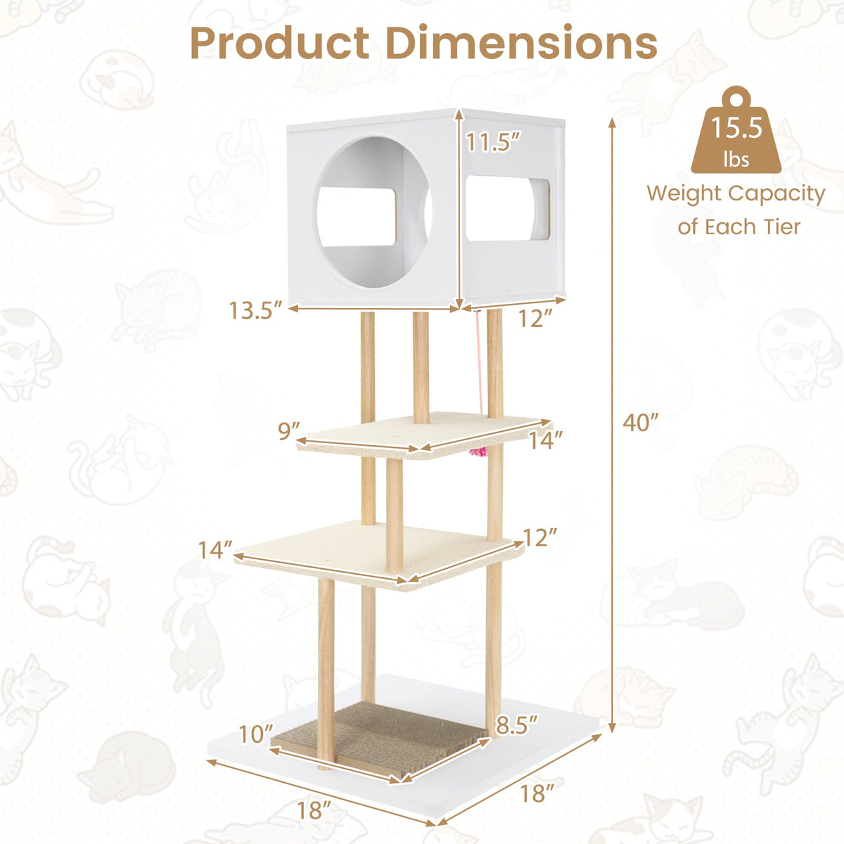Tall Wood Cat Tower with 2 Corrugated Cardboard-White-Cat Trees & Scratchers-DECOROLALA