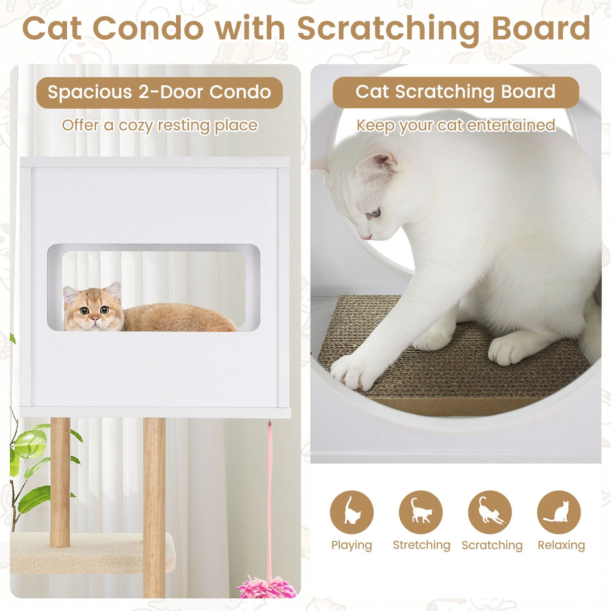 Tall Wood Cat Tower with 2 Corrugated Cardboard-White-Cat Trees & Scratchers-DECOROLALA