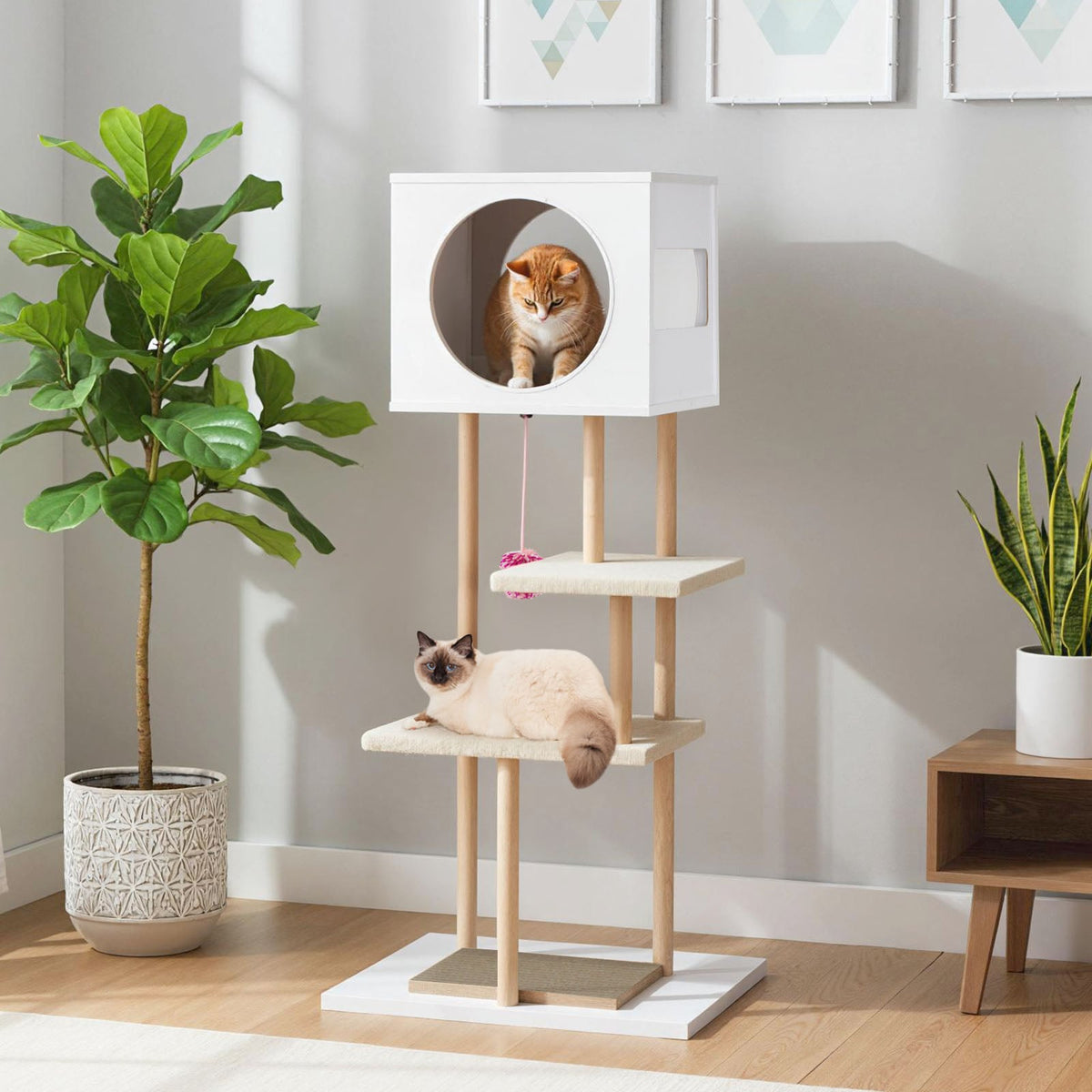 Tall Wood Cat Tower with 2 Corrugated Cardboard-White-Cat Trees & Scratchers-DECOROLALA