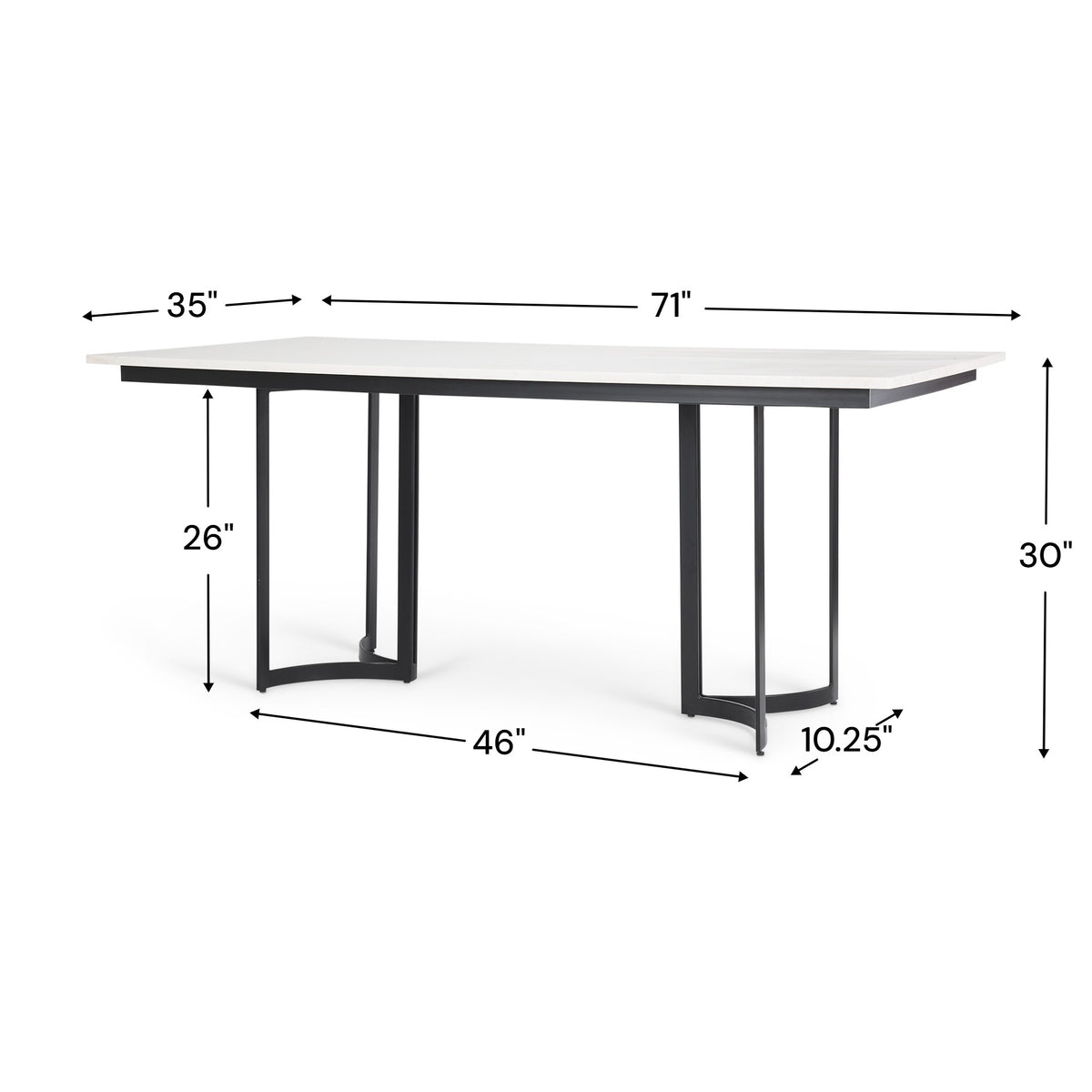 Tanner 71"L x 35"W Rectangular Pedestal Dining Table | Modern | White Marble & Black Metal | Seats 6-Dining Tables-DECOROLALA