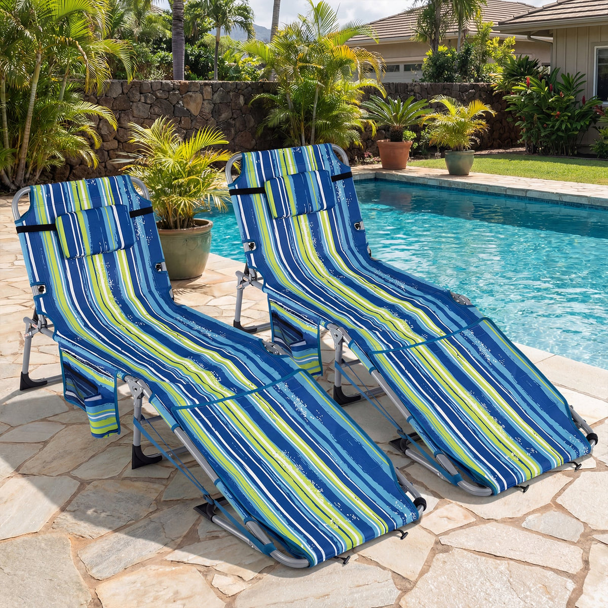 Tanning Chair with Face Arm Holes Portable Sunbathing Chair-Blue & Green-Outdoor Chaise Lounges-DECOROLALA