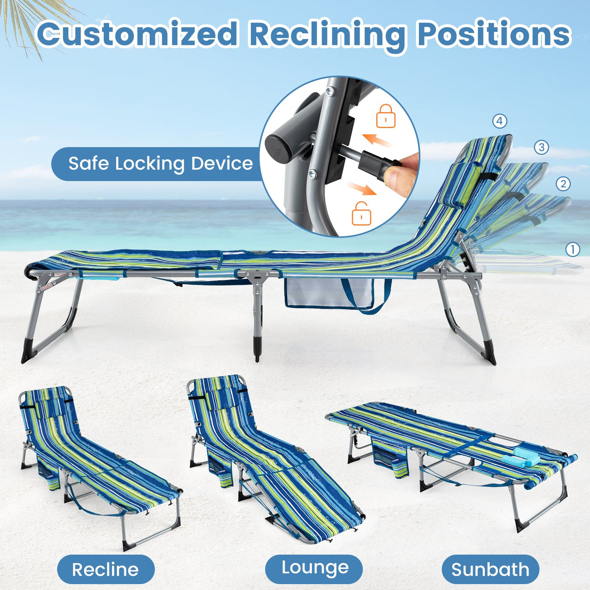 Tanning Chair with Face Arm Holes Portable Sunbathing Chair-Blue & Green-Outdoor Chaise Lounges-DECOROLALA