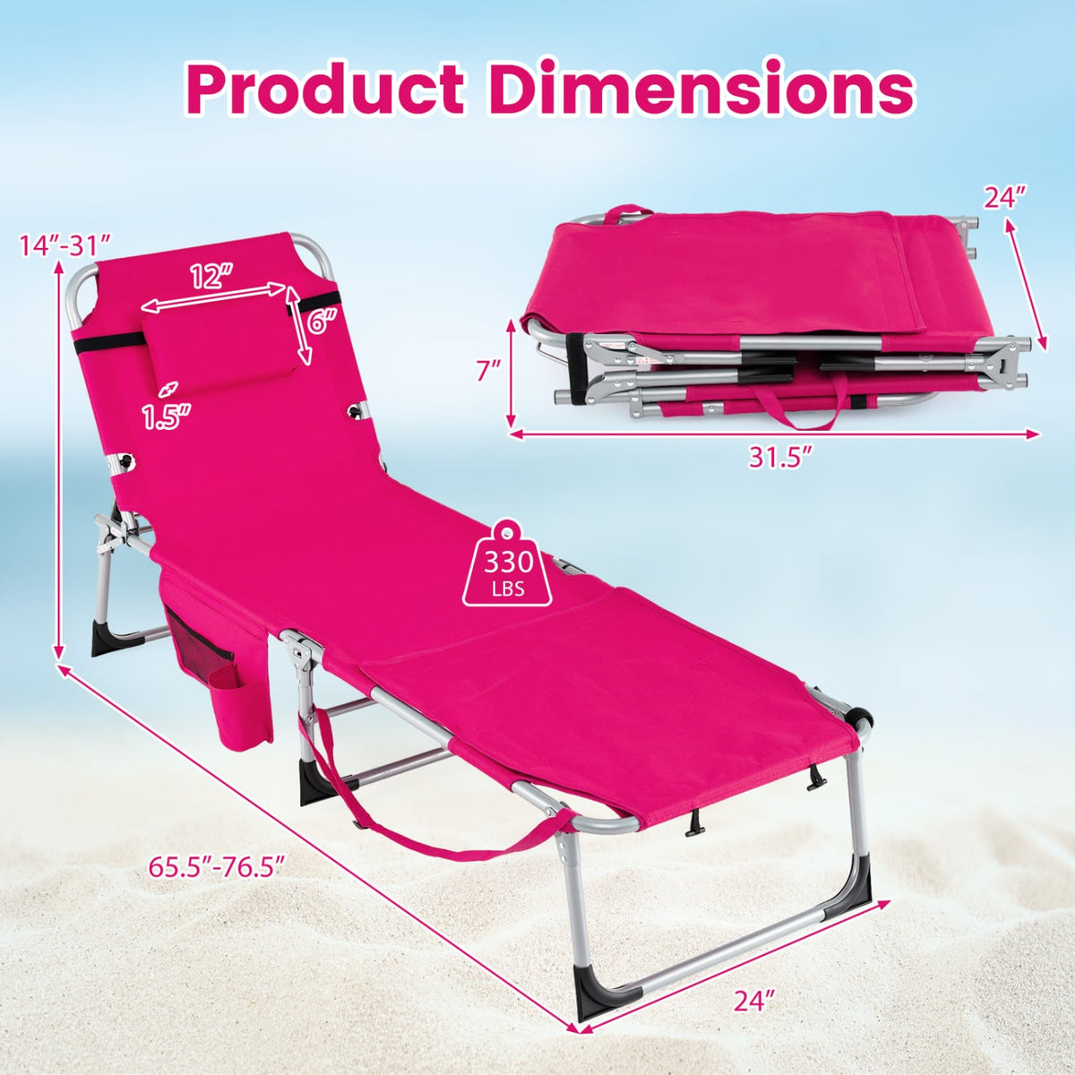 Tanning Chair with Face Arm Holes Portable Sunbathing Chair-Pink-Outdoor Chaise Lounges-DECOROLALA