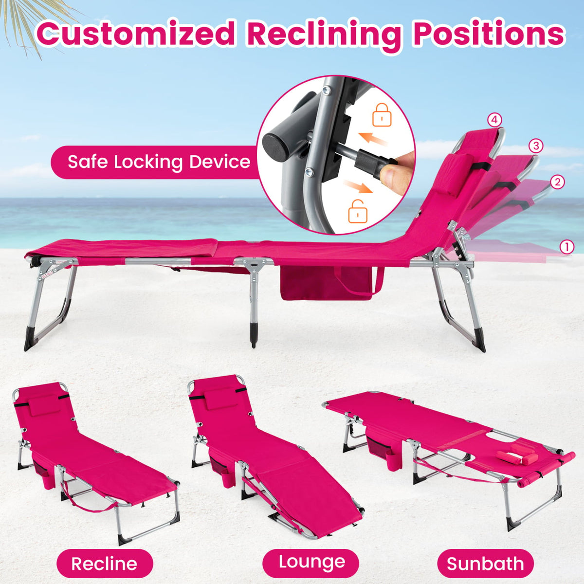 Tanning Chair with Face Arm Holes Portable Sunbathing Chair-Pink-Outdoor Chaise Lounges-DECOROLALA