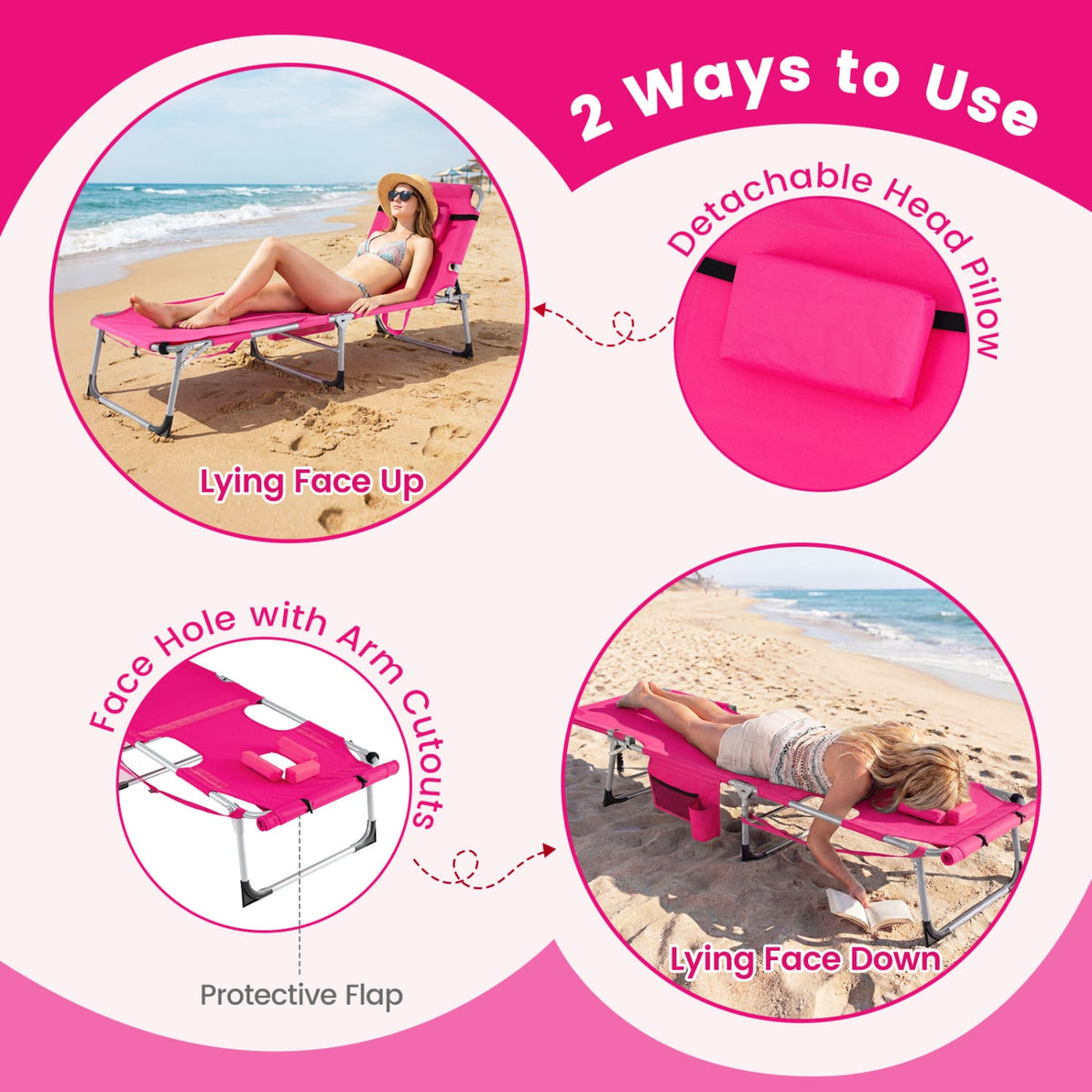 Tanning Chair with Face Arm Holes Portable Sunbathing Chair-Pink-Outdoor Chaise Lounges-DECOROLALA