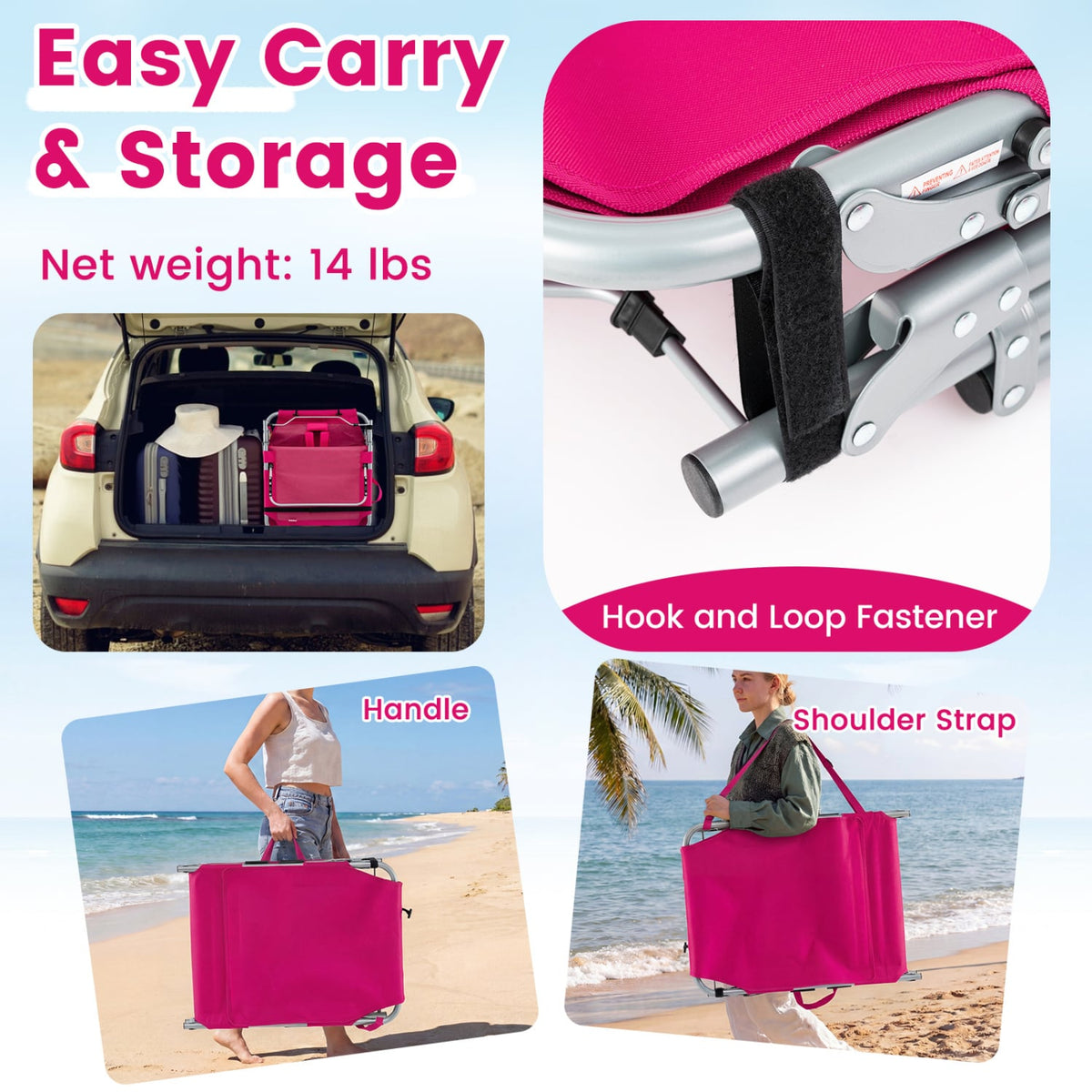 Tanning Chair with Face Arm Holes Portable Sunbathing Chair-Pink-Outdoor Chaise Lounges-DECOROLALA