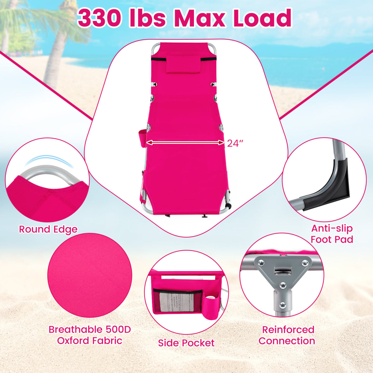 Tanning Chair with Face Arm Holes Portable Sunbathing Chair-Pink-Outdoor Chaise Lounges-DECOROLALA