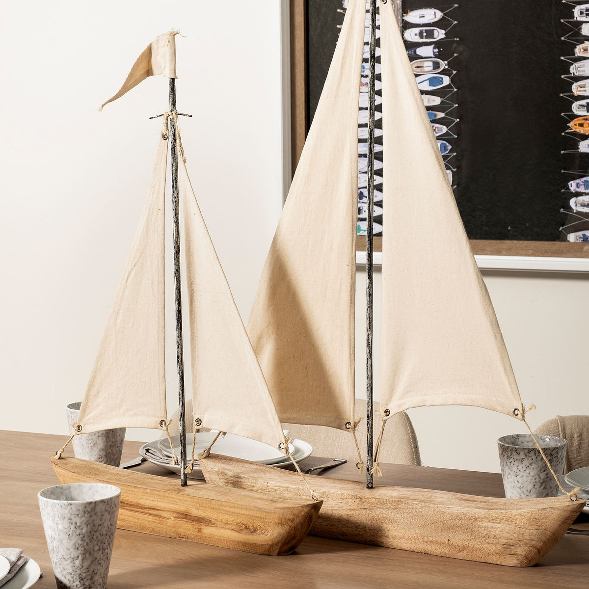 Tartane Nautical Wooden Sailboat Decor - Brown/Cream 17"L-Objects-DECOROLALA