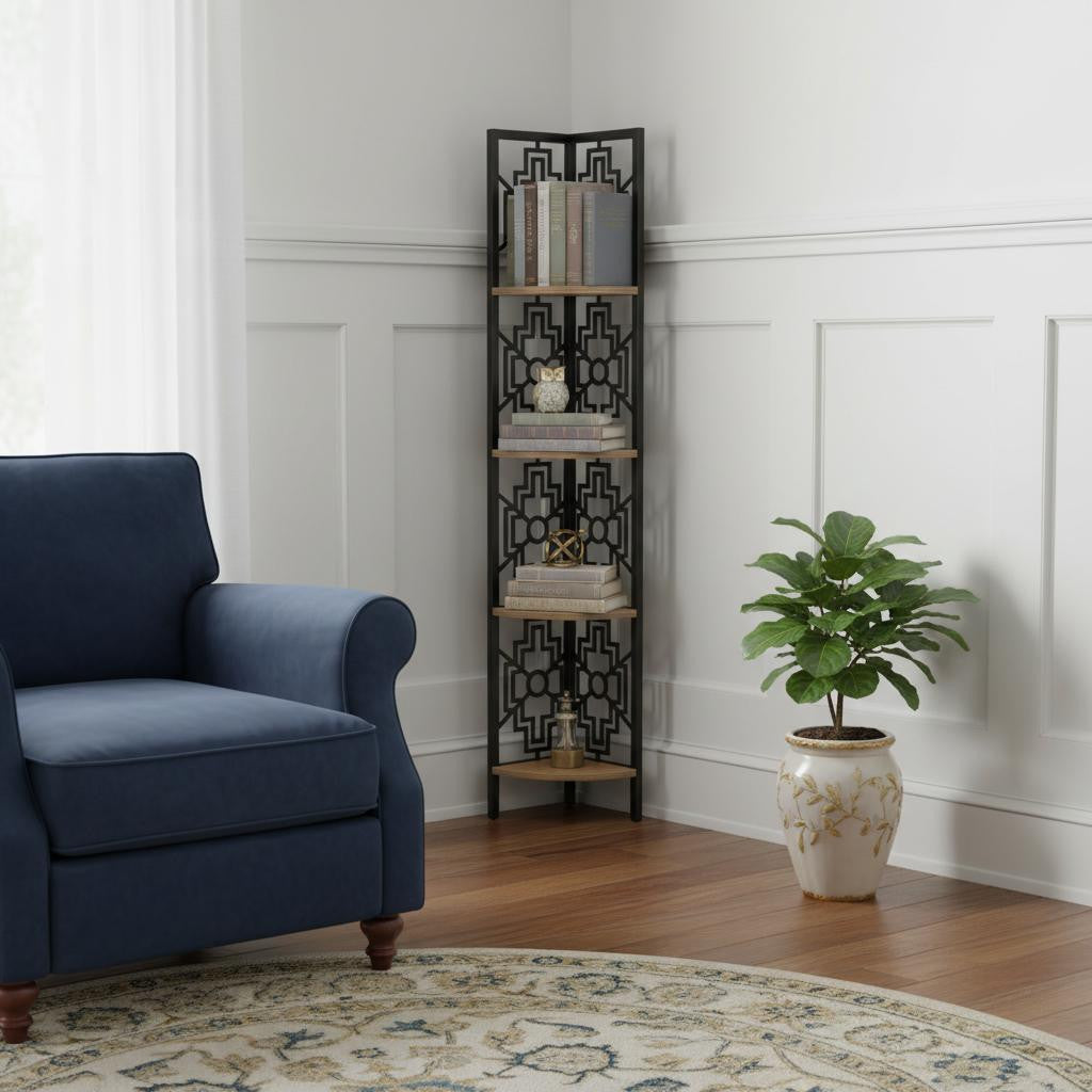 Taupe Metal Four Tier Corner Bookcase-Bookcases-DECOROLALA