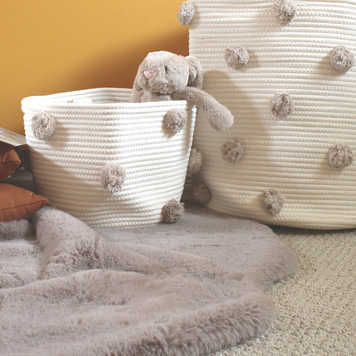 Taupe Pom Basket - Medium-Baskets-DECOROLALA