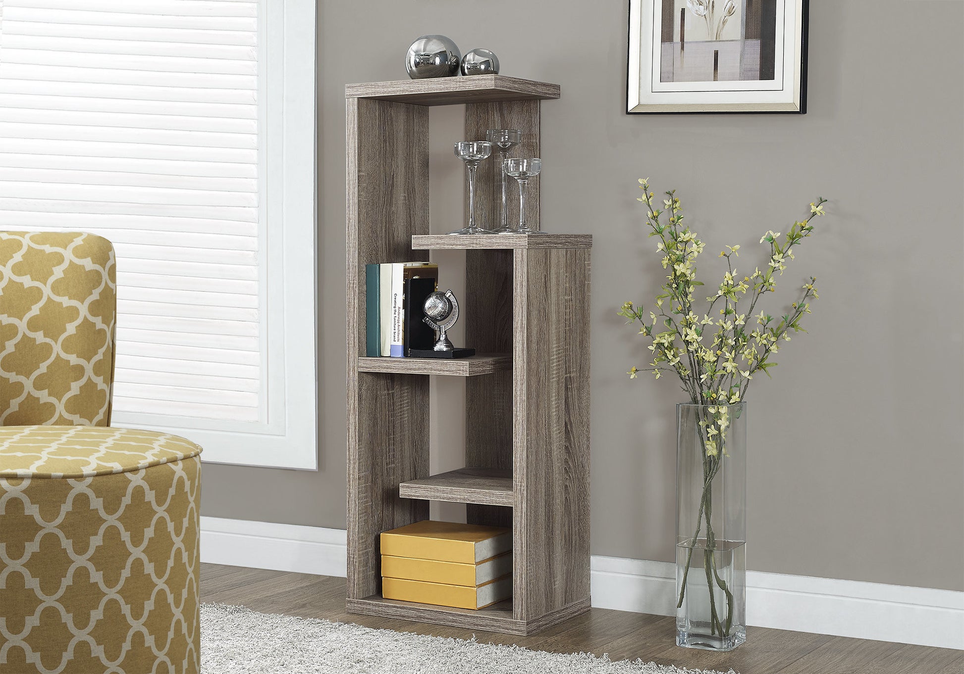 Taupe Wood Five Tier Etagere Bookcase-Bookcases-DECOROLALA