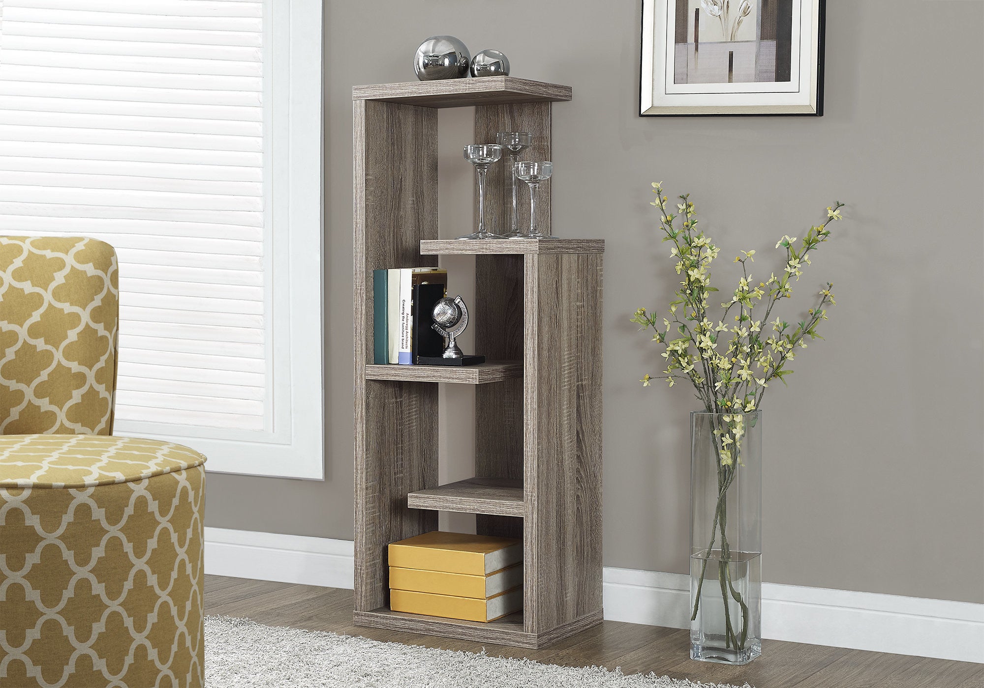 Taupe Wood Five Tier Etagere Bookcase-Bookcases-DECOROLALA