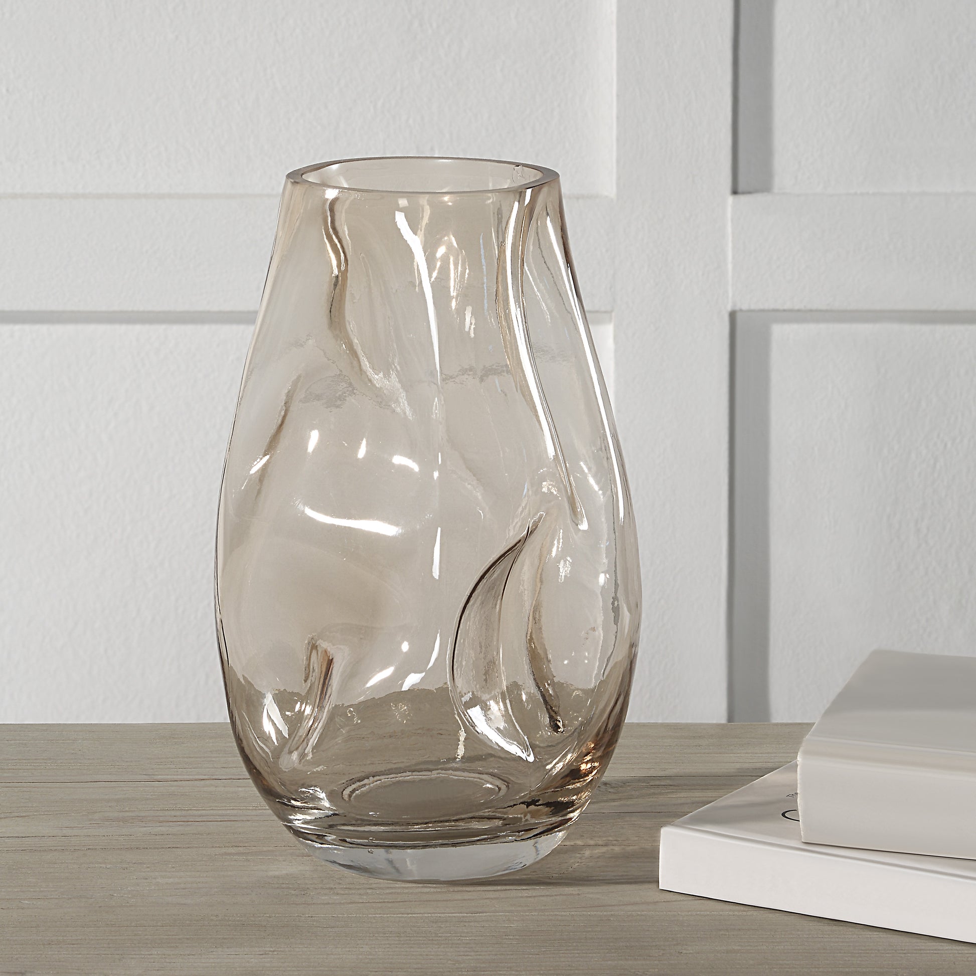 Tawny Indoor Mouth Blown Glass Glass Vase, Beige-Glass Vase-DECOROLALA