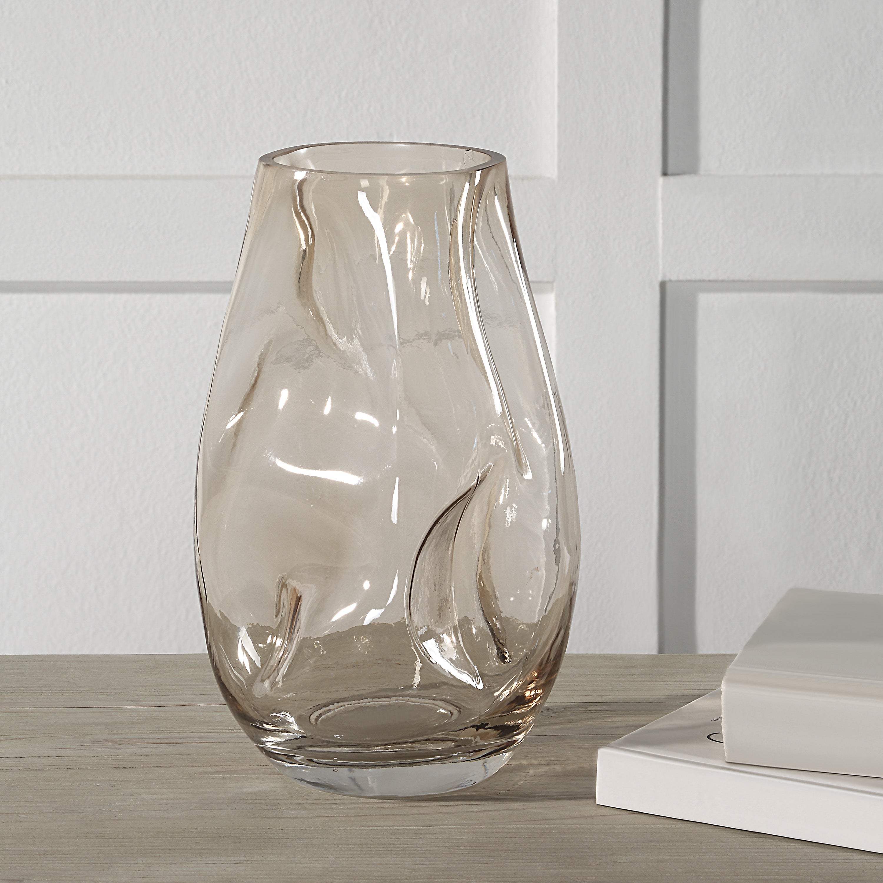 Tawny Indoor Mouth Blown Glass Glass Vase, Beige-Glass Vase-DECOROLALA