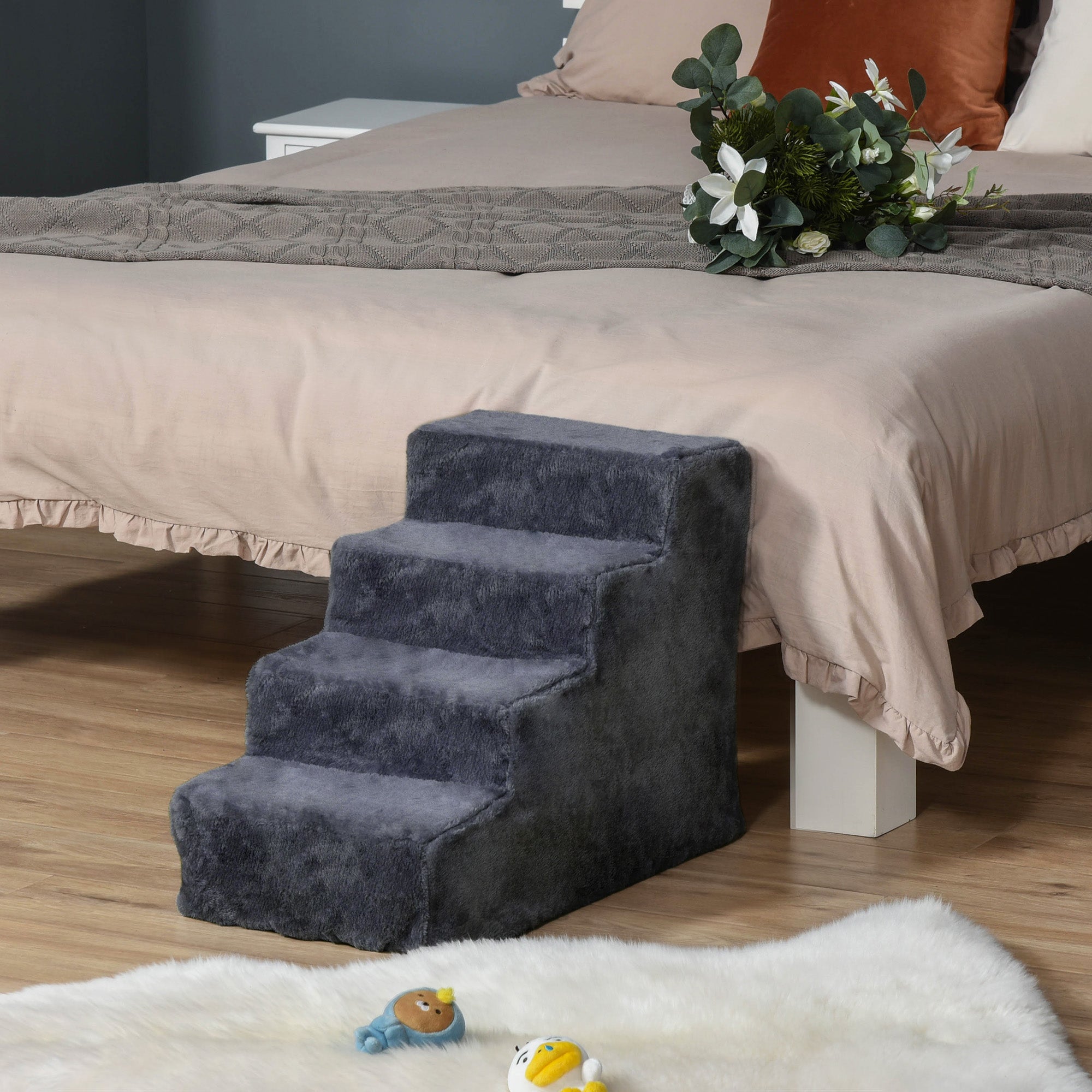 4-Step Dog Ramp for Sofa, Bed, and Couch, with Removable Cover, Dark Grey