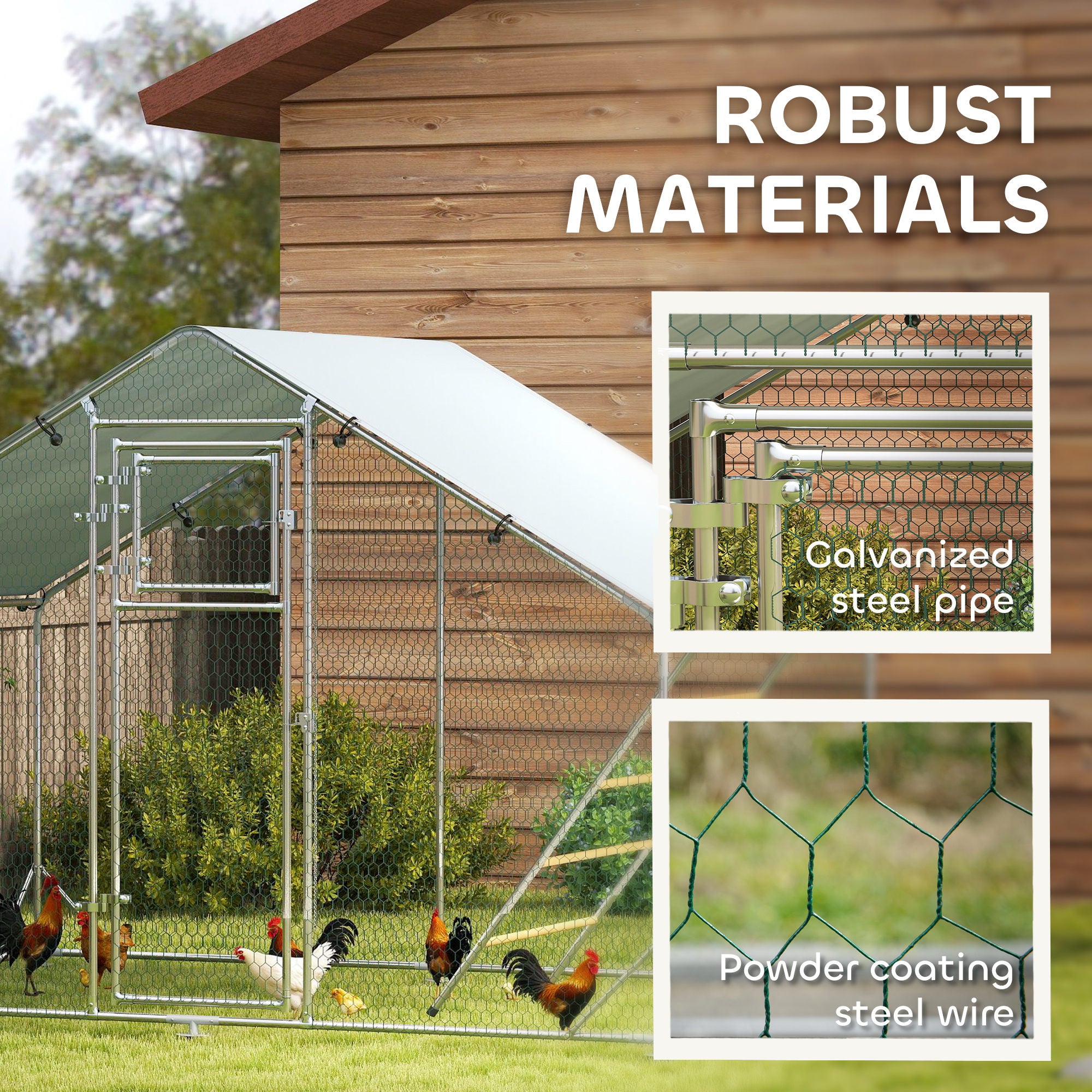 Large Metal Chicken Run with Waterproof & UV-Resistant Cover, Feeding Door, Hanging Feeder, Perch for 6-8 Chickens