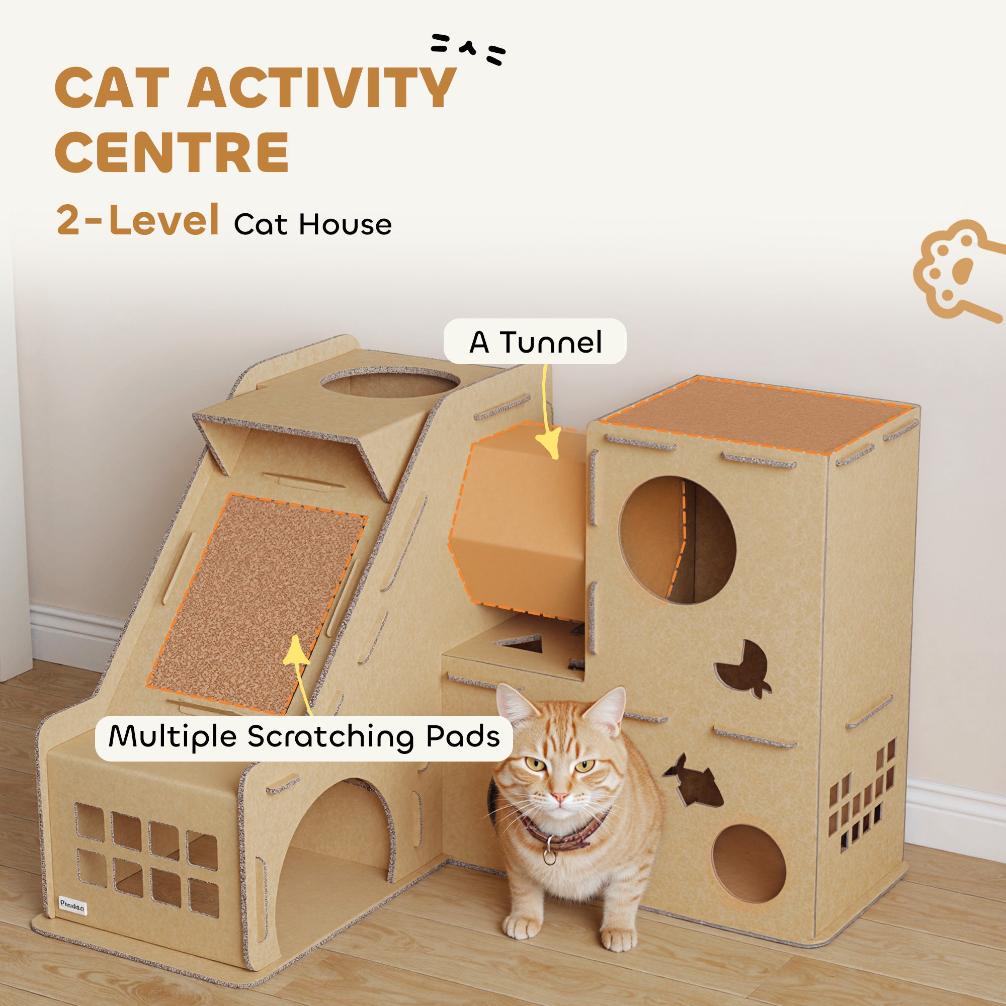 Multi-Level Cardboard Cat House, Corrugated Cardboard Play Condo with Scratching Pads for Indoor Kittens