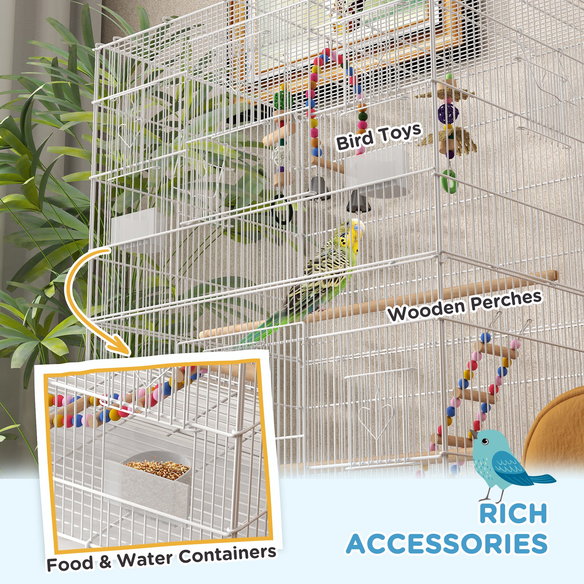 Cage à oiseaux de 43" avec support à roulettes, jouets, pour perruches et canaris, blanc