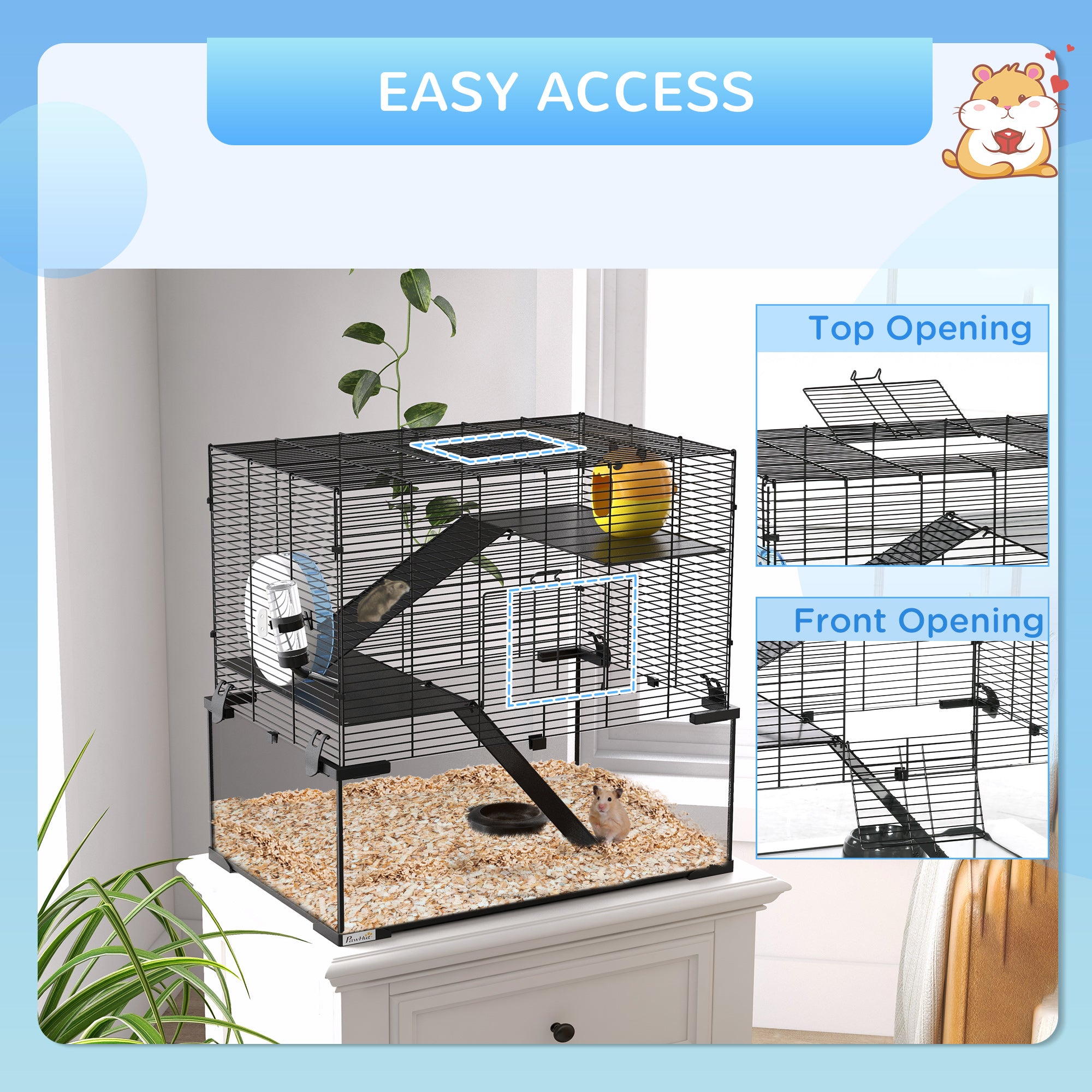 Hamster Cage, Gerbil Cage with Glass Basin for Small Hamsters, Black