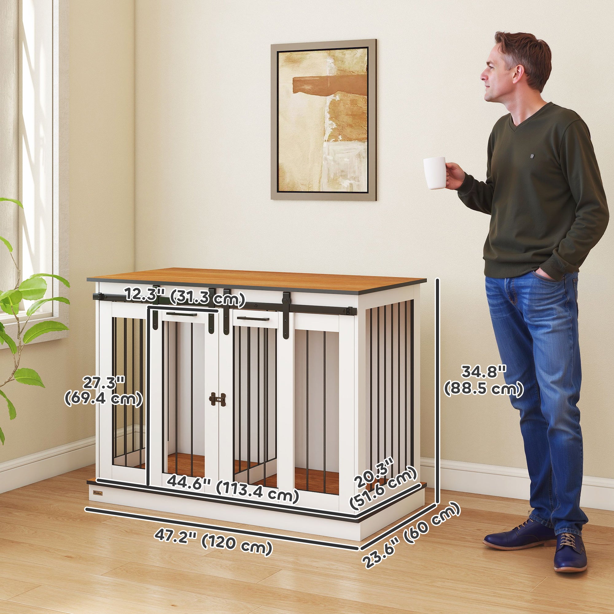 47in Dog Crate Furniture with Divider Panel, Wooden Dog Kennel TV Stand for Large Breeds, Pet House Side Table for 2 Small Breeds with 2 Rooms Design, 2 Sliding Doors, White