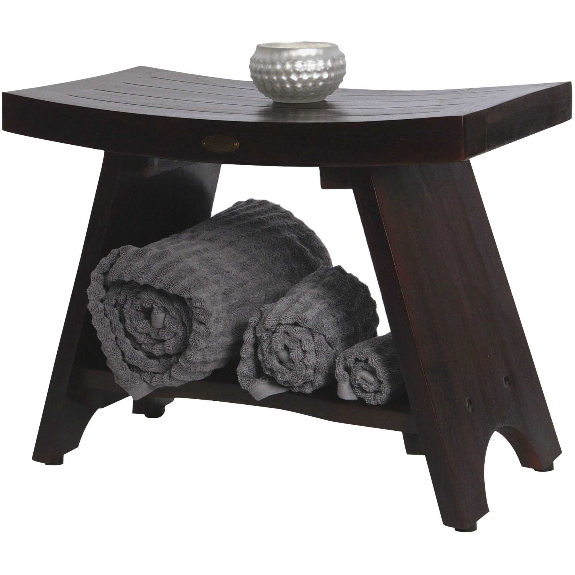 Teak Rectangular Shower Bench With Shelf In Brown Finish-Shower Benches-DECOROLALA