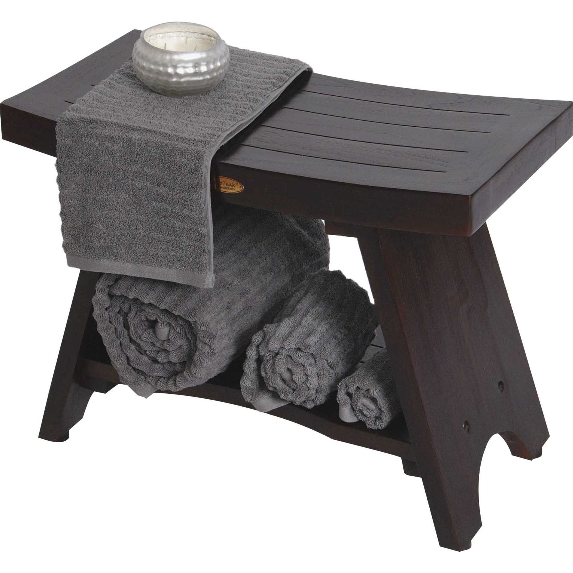 Teak Rectangular Shower Bench With Shelf In Brown Finish-Shower Benches-DECOROLALA