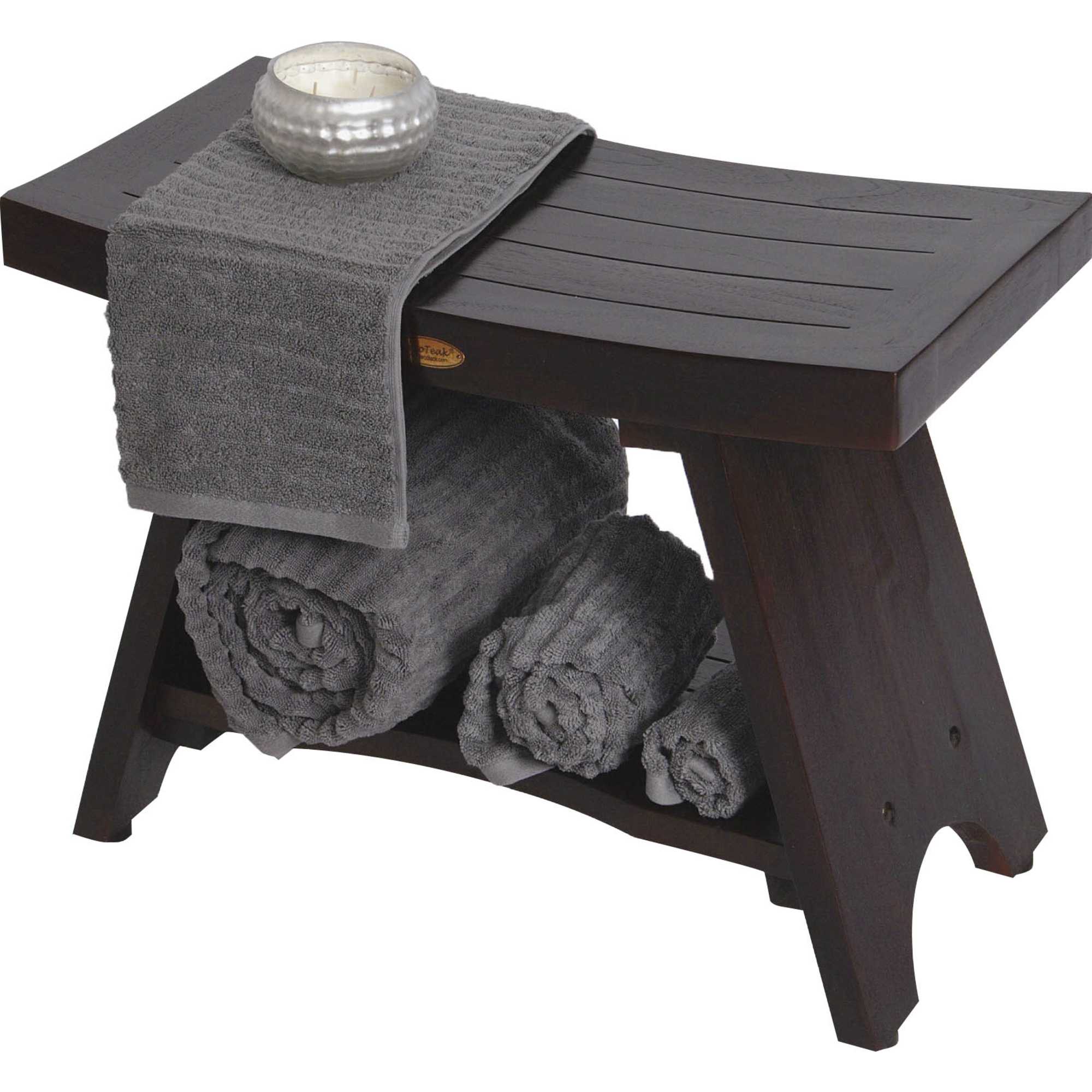 Teak Rectangular Shower Bench With Shelf In Brown Finish-Shower Benches-DECOROLALA